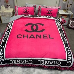 Hot Pink and Black Logo Duvet Cover and Pillow Shams Set